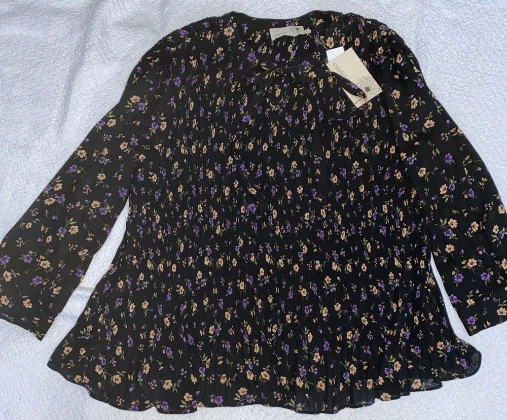 Everleigh Pleated Floral Tie-Neck Blouse M Black Purple Cottagecore Coquette